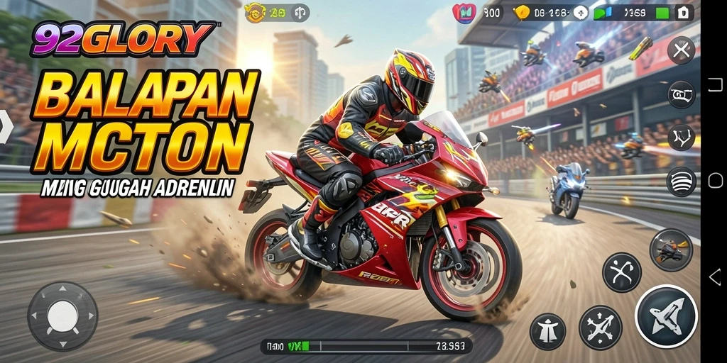 Tampilan utama gameplay <strong>92GLORY</strong> yang mendebarkan dengan aksi balapan motor.