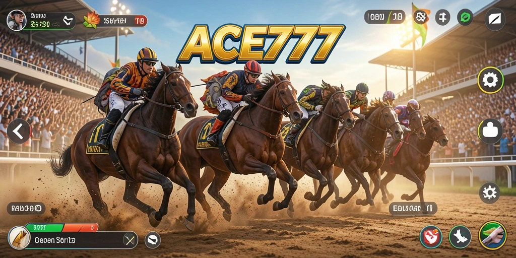 Tampilan gameplay ACE777 dengan mobil balap di trek yang menantang.