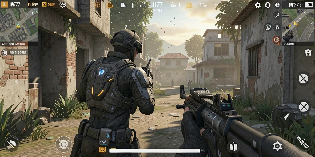 Tampilan gameplay seru dari IW777 dengan aksi FPS intens.